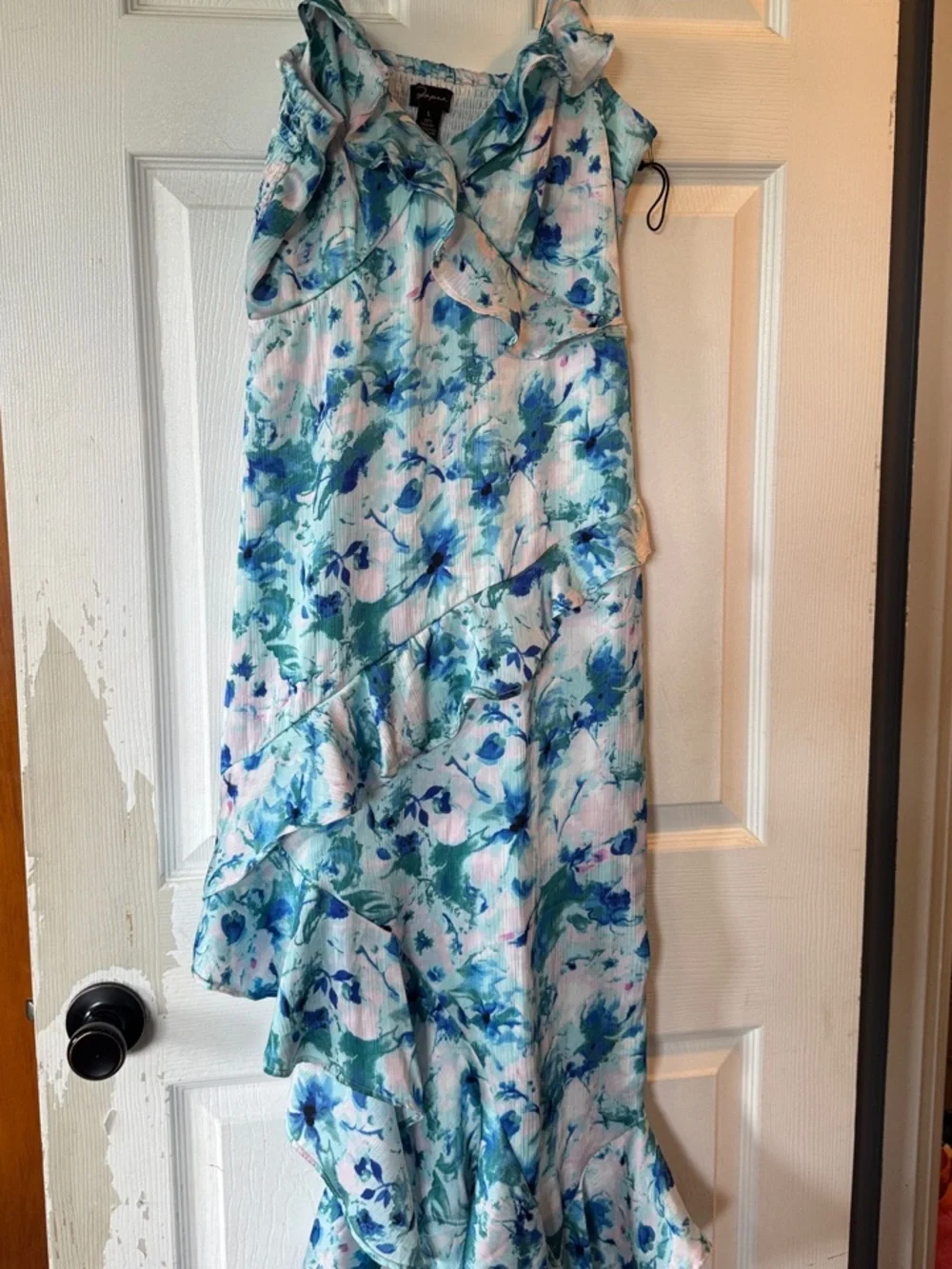 Floral Blue & White Ruffle High-Low Dress - Picture 1 of 6
